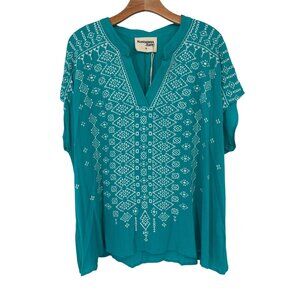 Savanna Jane Teal Embroidered Boho Style Womens Blouse size 1X Crinkle Tunic new